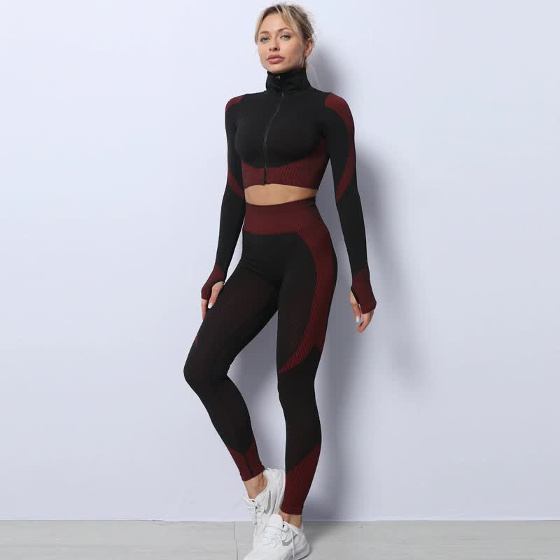 Black+Red High Waist Yoga Set for Women - Sports Bra, Long Sleeve Shirt & Leggings 3-Piece Workout Set Size M