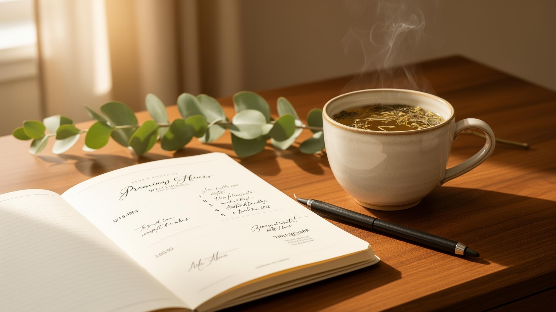 Morning Anxiety Reset Journal on a wooden desk with a warm cup of tea, soft morning sunlight and sage green eucalyptus leaves