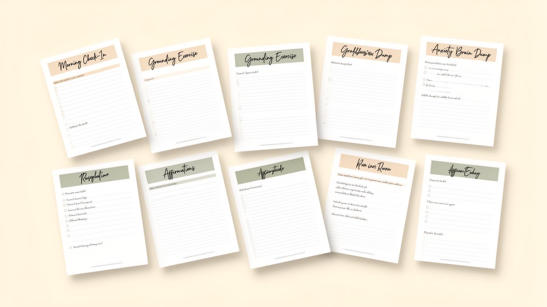 Preview pages from the Morning Anxiety Reset Journal featuring guided prompts, grounding exercises, affirmations, and anxiety relief worksheets.