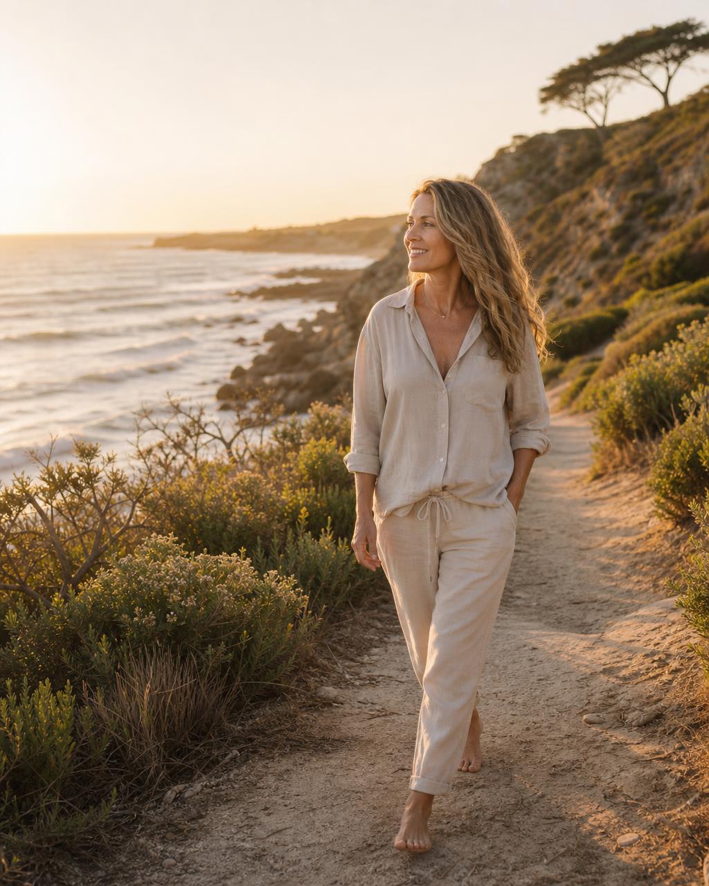 A confident woman walking barefoot along a coastal path at golden hour