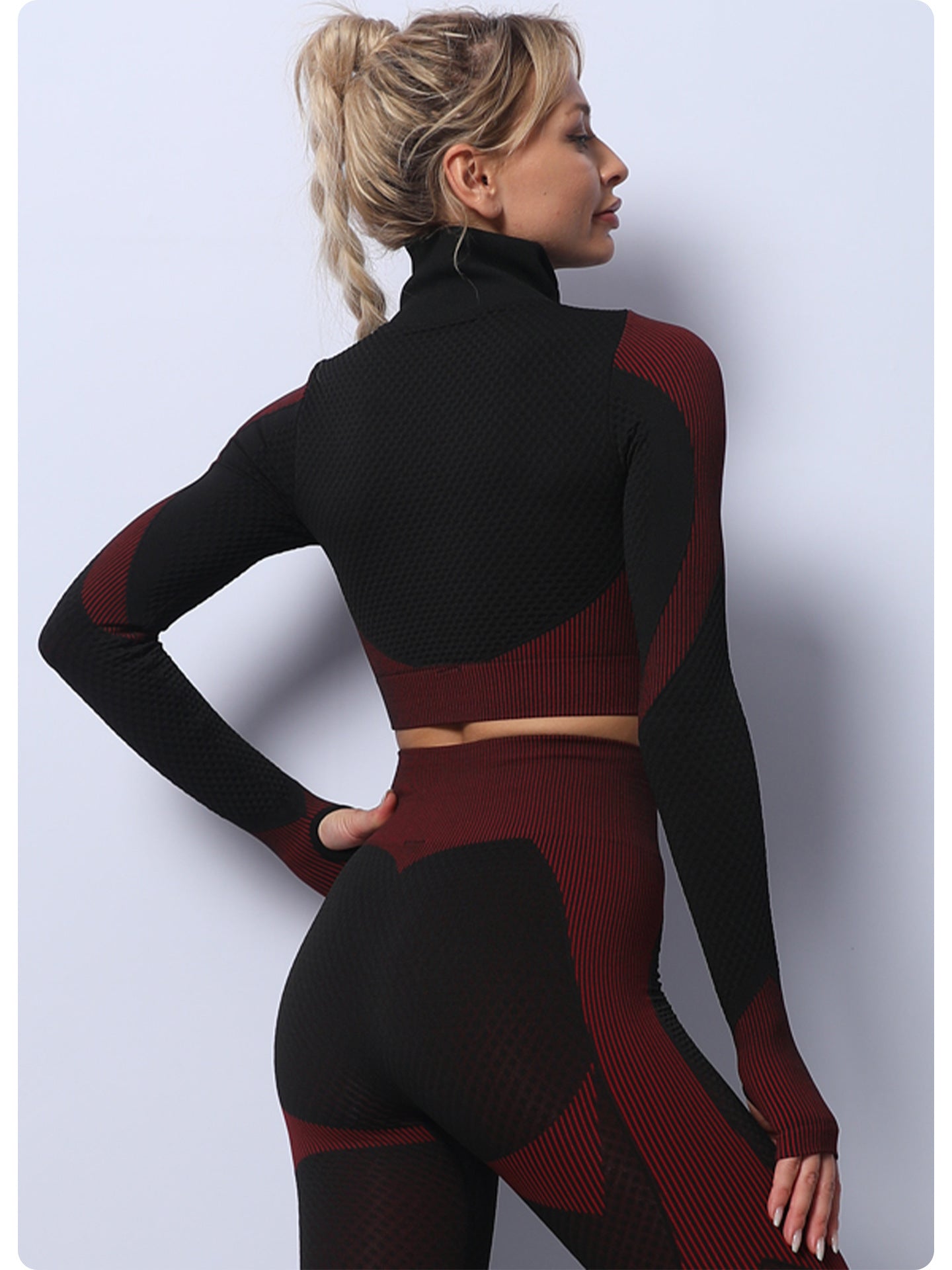 Black+Red High Waist Yoga Set for Women - Sports Bra, Long Sleeve Shirt & Leggings 3-Piece Workout Set Size M